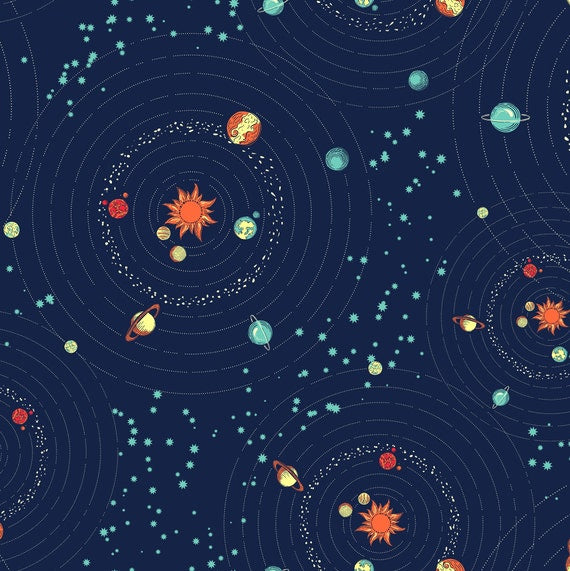 Space scene featuring assorted planets in a solar system in oranges, reds, yellows and greens on a dark blue background, children's bedroom and nursery décor. Big Little Bedrooms. Free Shipping.