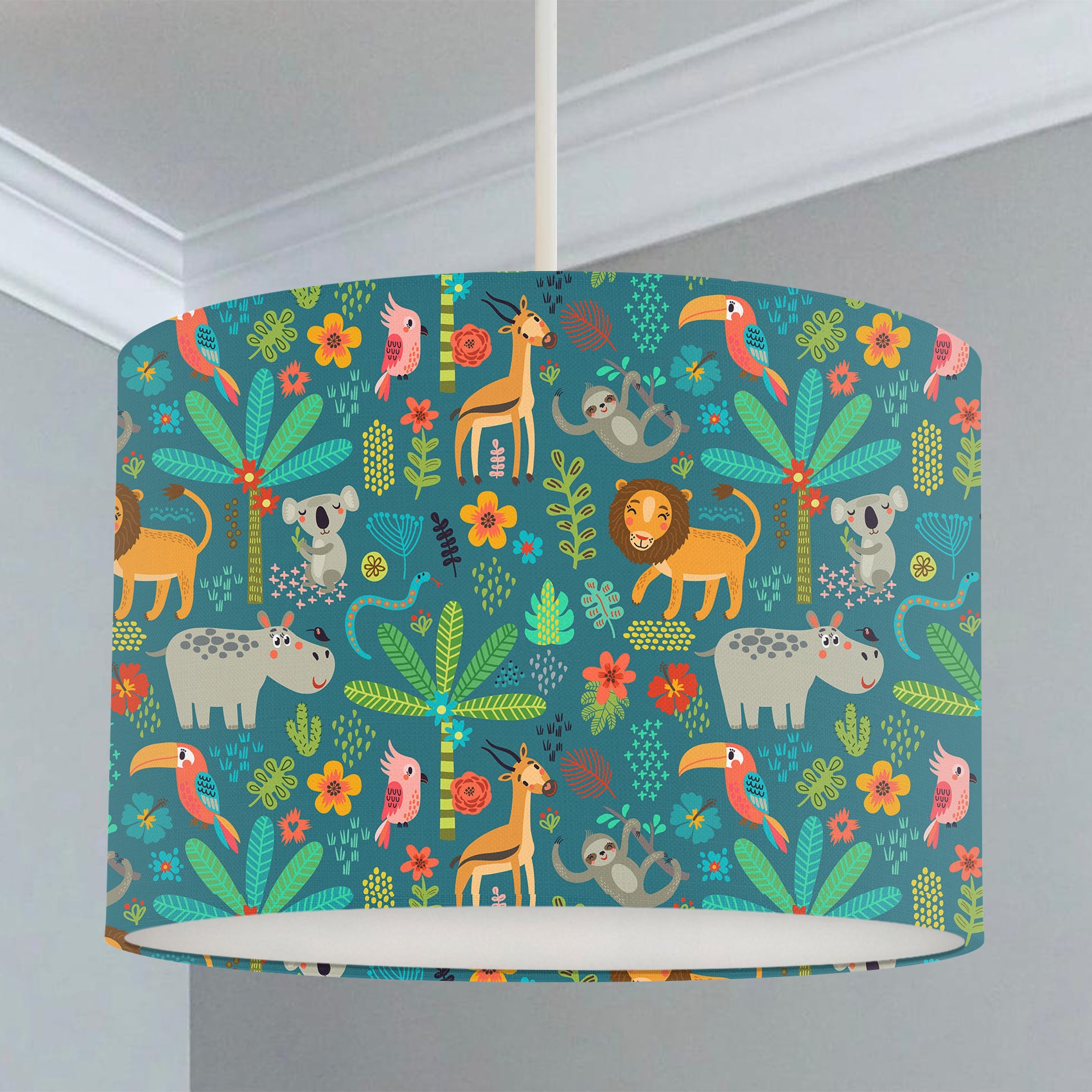 Jungle animals ceiling lampshade, green, children's bedroom and nursery decor.