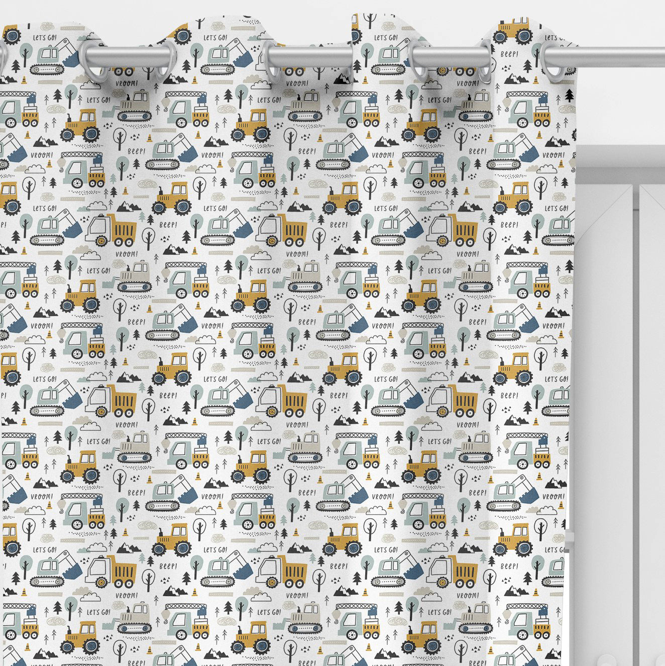 Let's go construction vehicles blackout lined children's bedroom and nursery curtains, pencil pleat or eyelet.