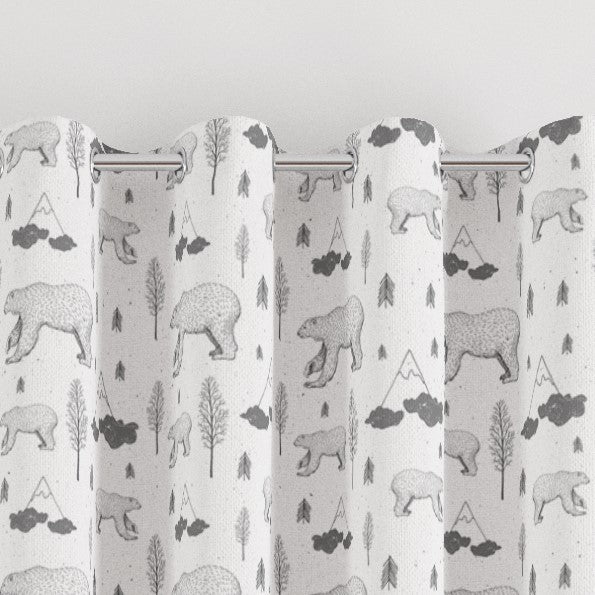 eyelet monochrome bear and mountains print children's bedroom and nursery curtains, black and white.
