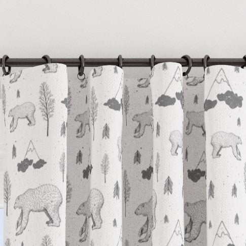 Pencil pleat children's bedroom and nursery curtains in monochrome bear and mountains print. Big Little Bedrooms. Free Shipping.