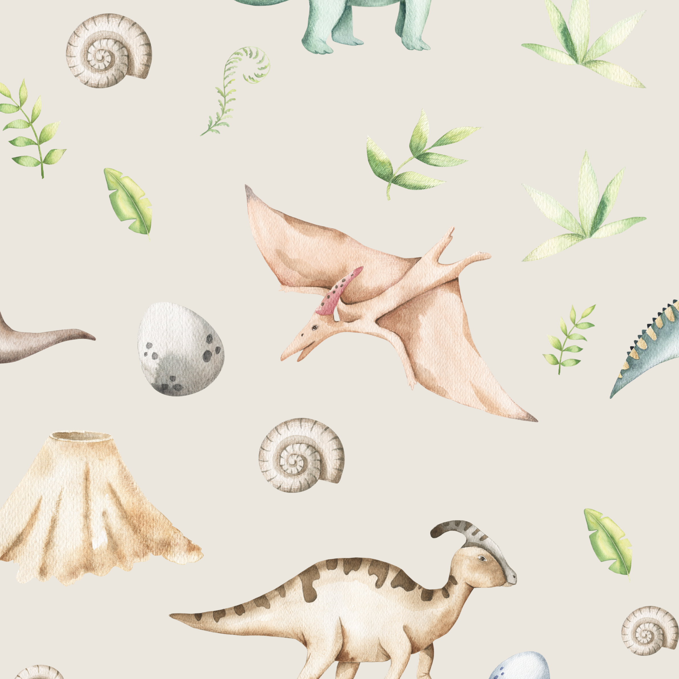 Children's bedroom and nursery watercolour dinosaurs square cotton cushion cover, natural. Nursery bedding and soft furnishings. Free shipping.