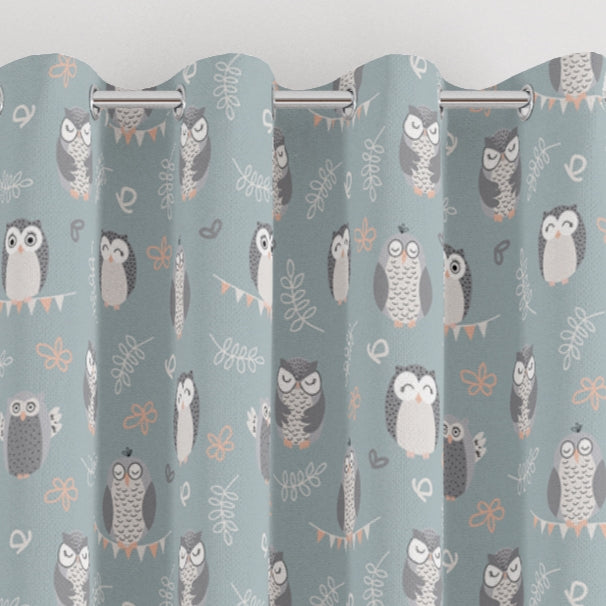 eyelet little owls print children's bedroom and nursery curtains, greys, pink and green.