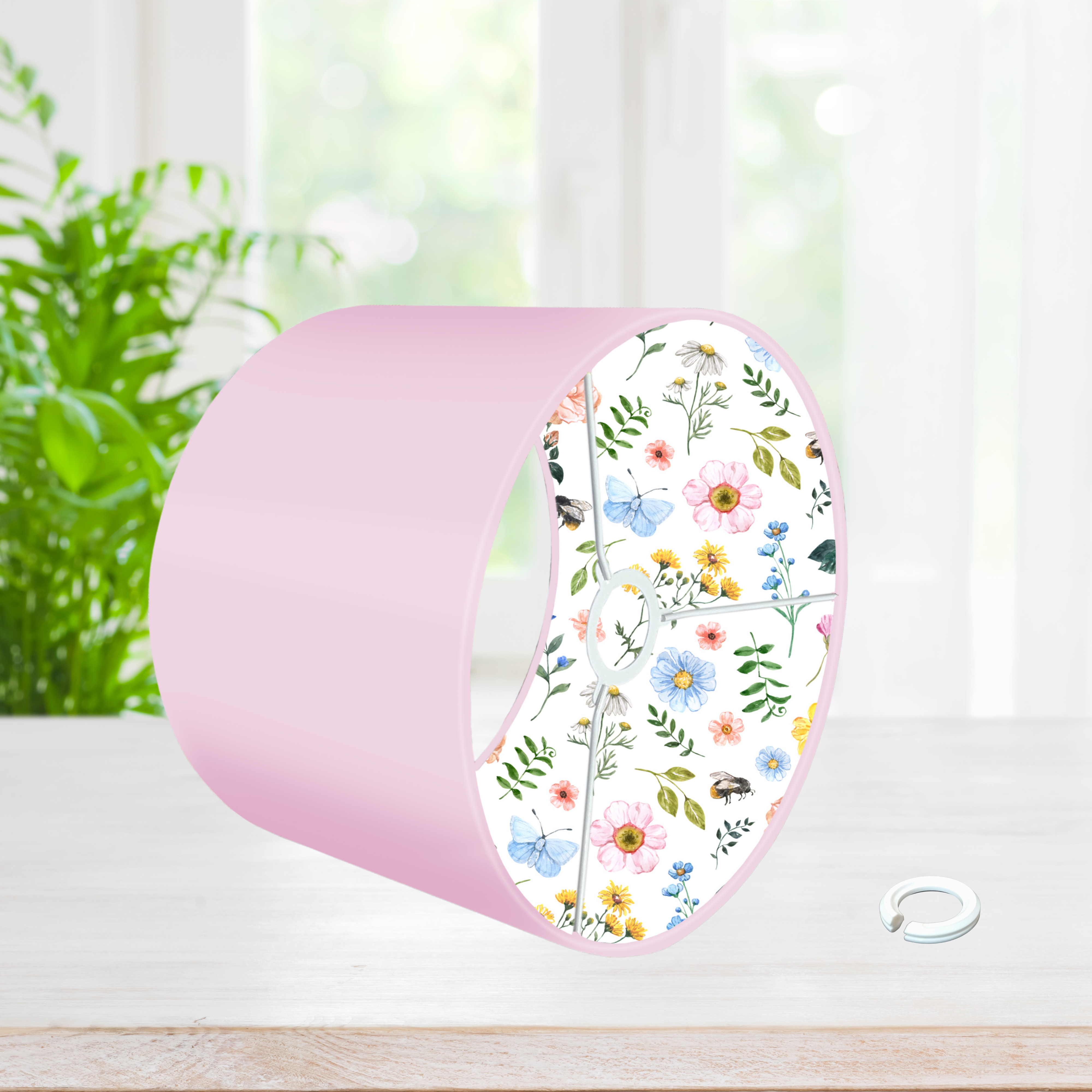 Children's bedroom and nursery lined colourful flowers lampshade, lamp shade, light shade, lightshade in yellow, pink or blue.