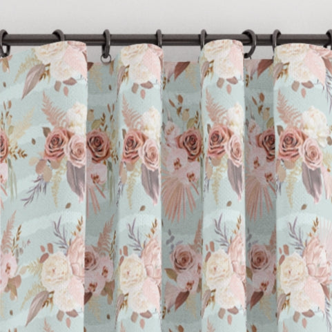 Pencil pleat children's bedroom and nursery curtains in pink flowers on mint stripe print. Big Little Bedrooms. Free Shipping.