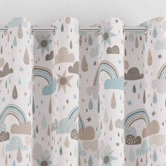 eyelet rainbows, clouds and raindrops print children's bedroom and nursery curtains, blues and browns.