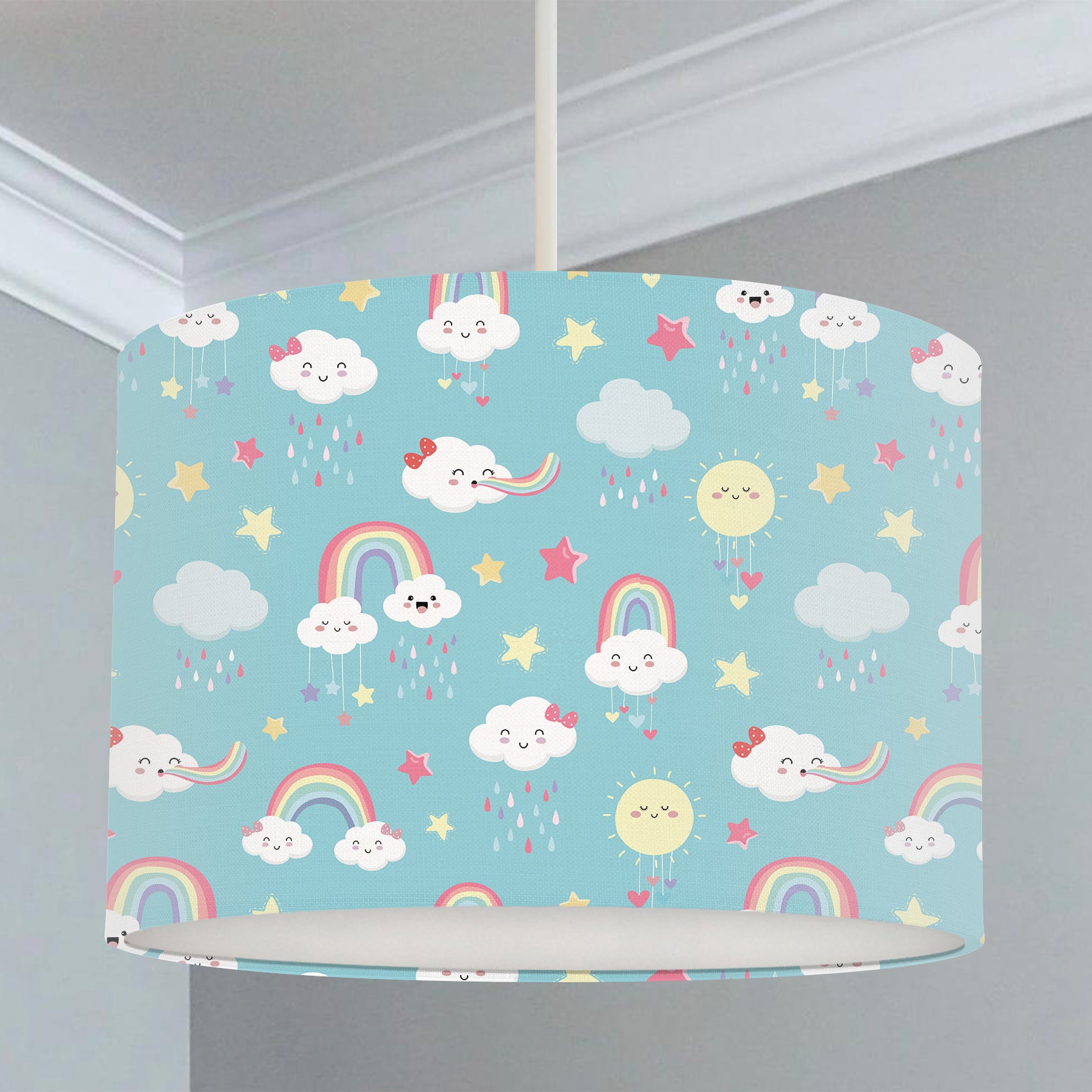 Children's bedroom and nursery lampshade, pink and turquoise, sun, stars, rain clouds, rainbows, sky. Nature.