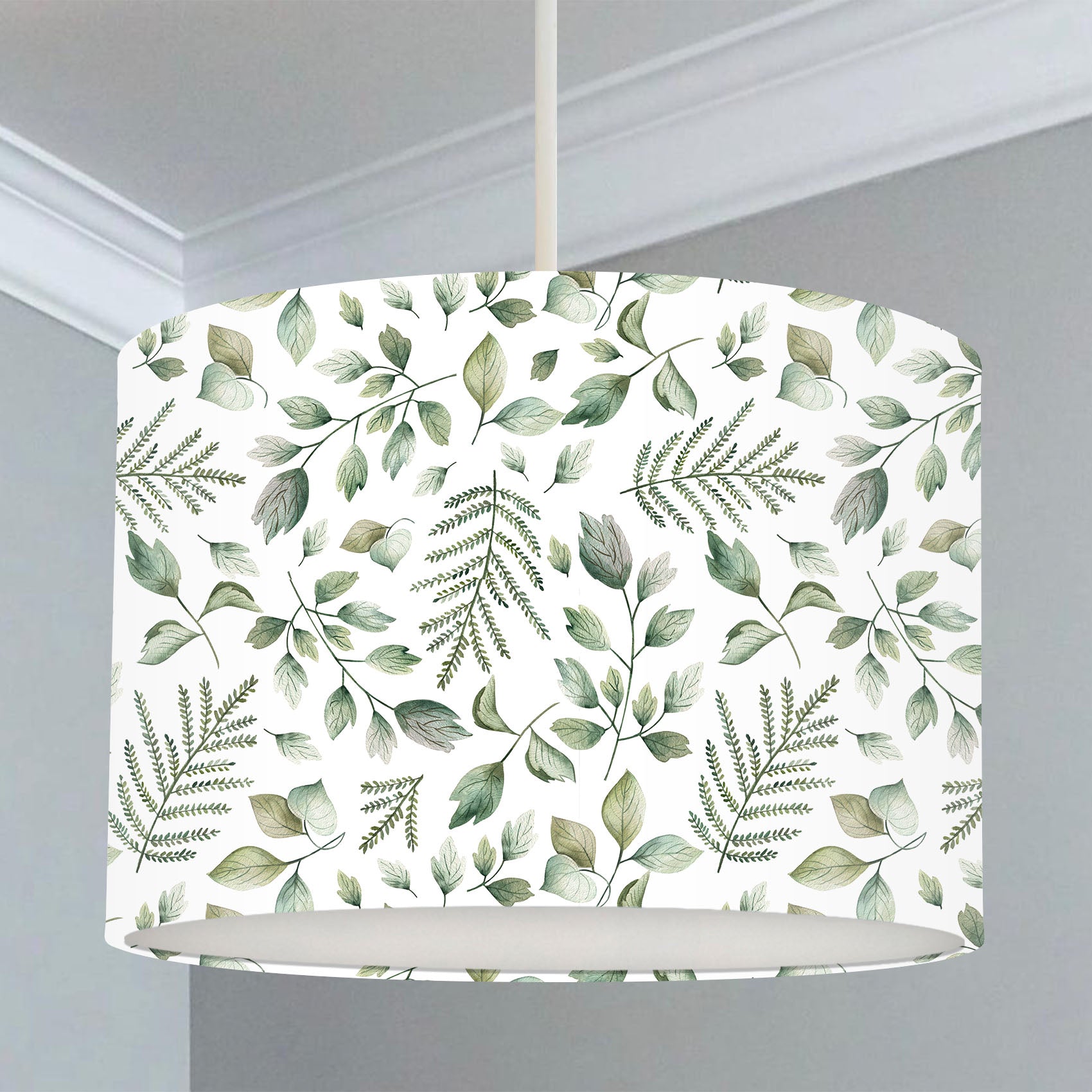 Children's bedroom and nursery lampshade, green and white, green leaves, plants, nature.