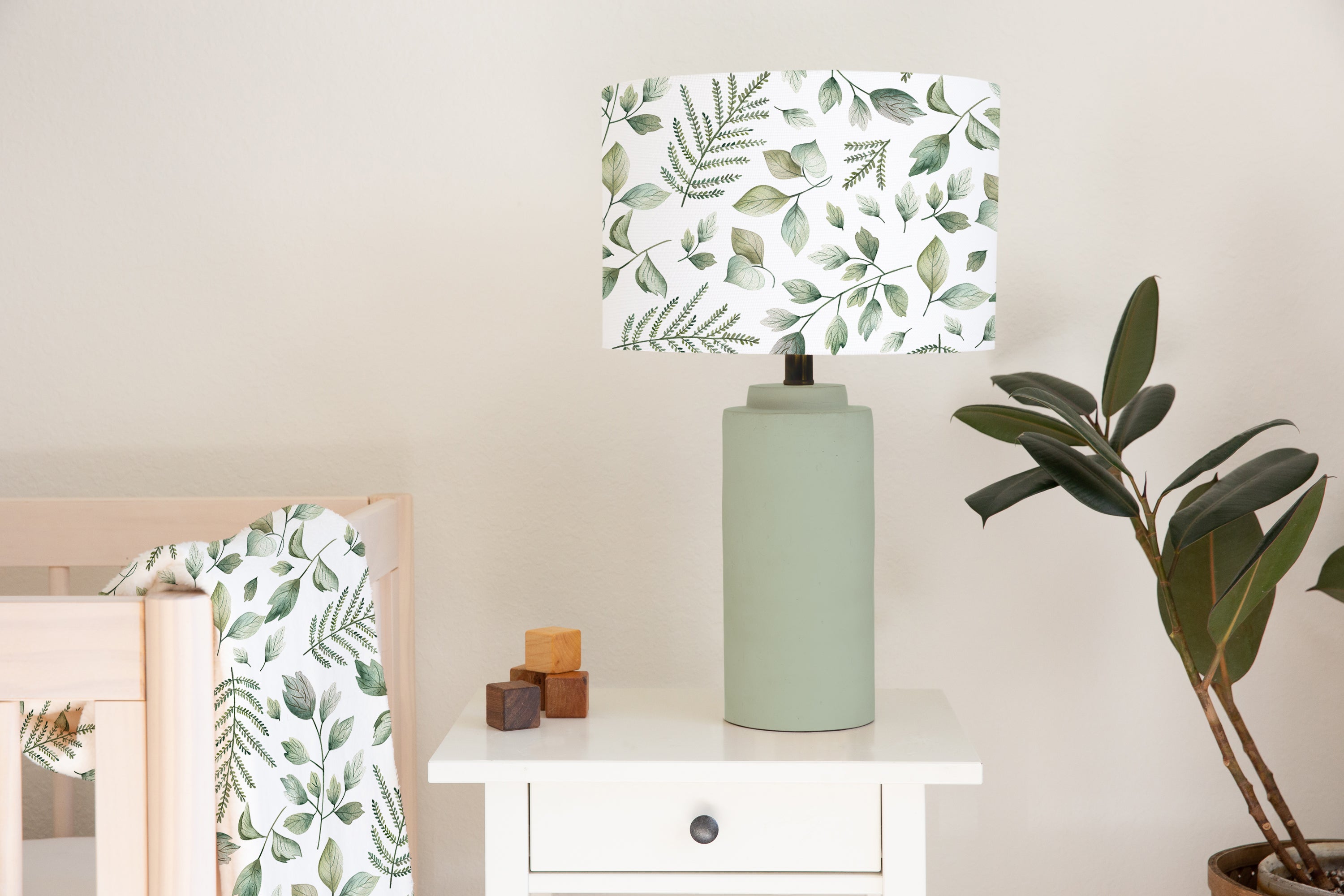 Children's bedroom and nursery ceiling and lampshade, green and white, green leaves, plants, nature.