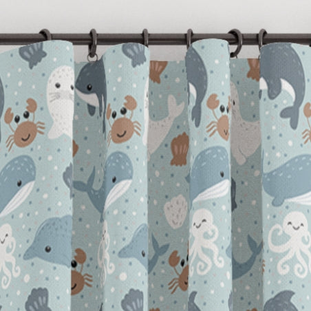 Pencil pleat children's bedroom and nursery curtains in sea creatures print. Big Little Bedrooms. Free Shipping.