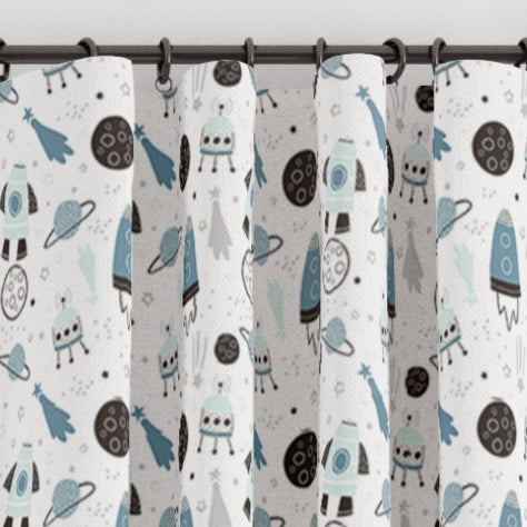 Pencil pleat children's bedroom and nursery curtains in space scene print. Big Little Bedrooms. Free Shipping.