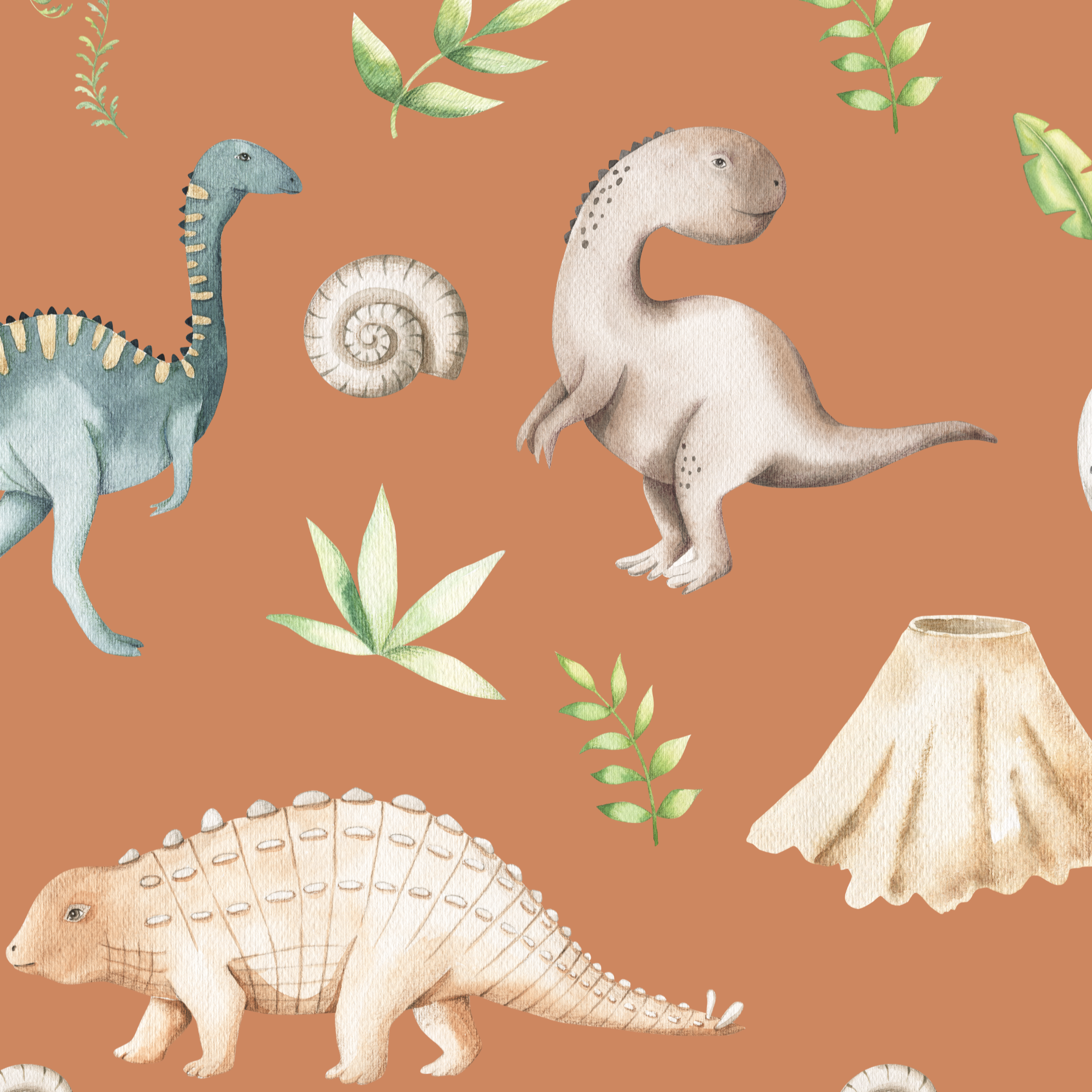 Blackout lined children's bedroom and nursery curtains featuring watercolour dinosaurs on a terracotta background. Made to measure curtains, custom made to your exact requirements by our professionally trained curtain maker.