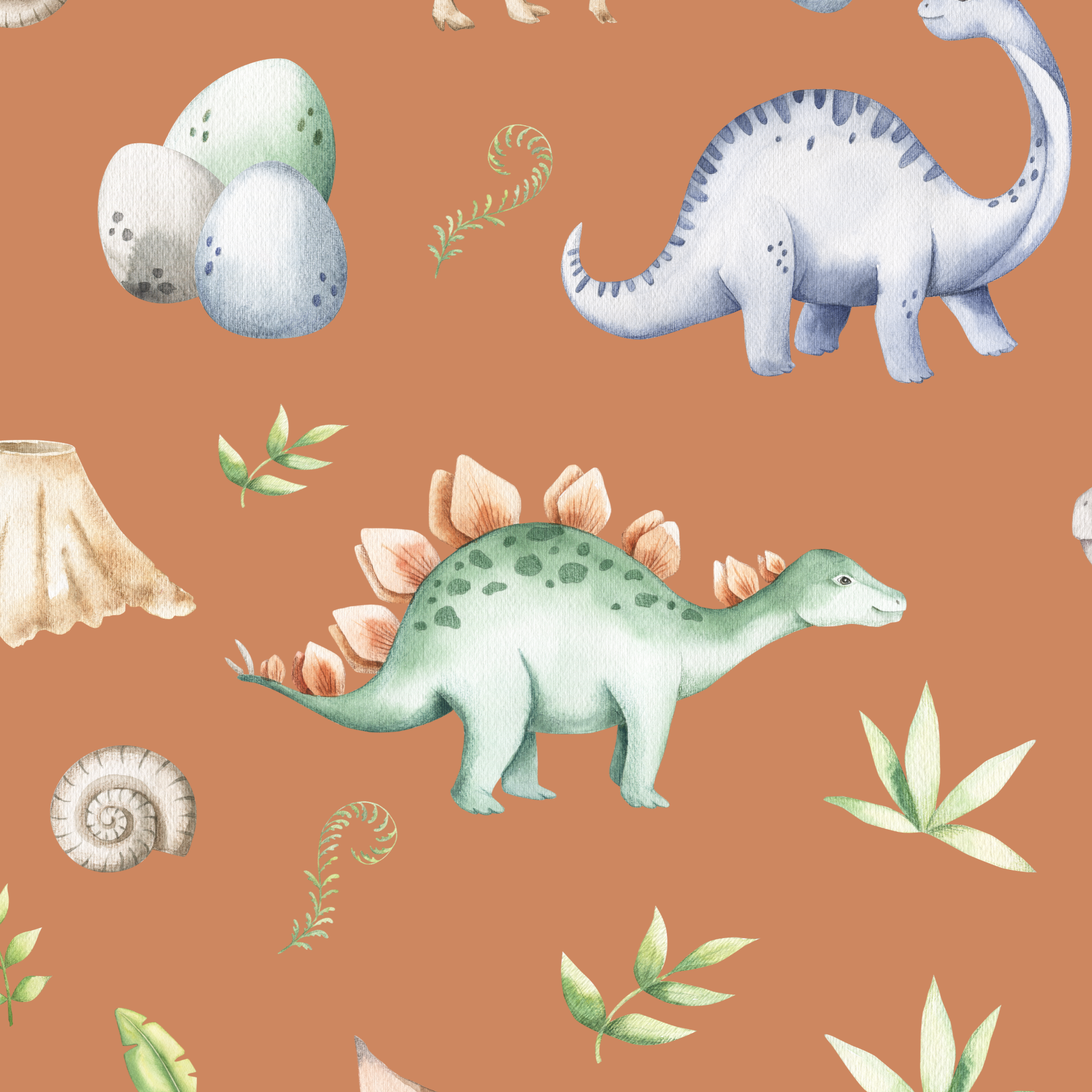Children's bedroom and nursery watercolour dinosaurs square cotton cushion cover, terracotta. Nursery bedding and soft furnishings. Free shipping.