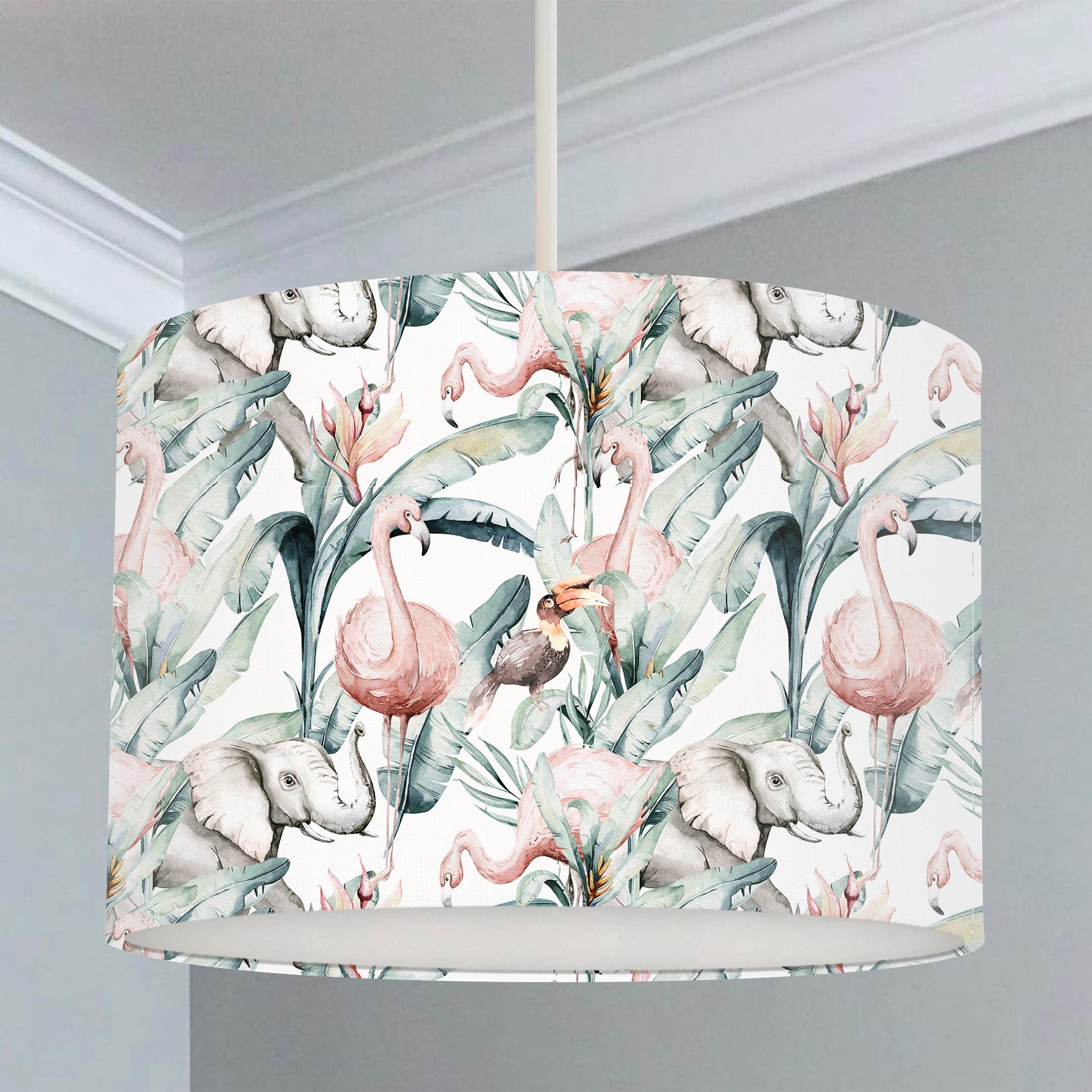 Children's bedroom and nursery lampshade, tropical animals, elephants, flamingos, and great hornbills, large green leaves.