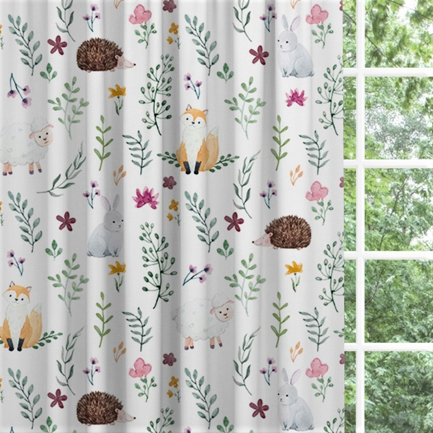 Woodland animals and flowers children's bedroom and nursery blackout lined pencil pleat and eyelet curtains.