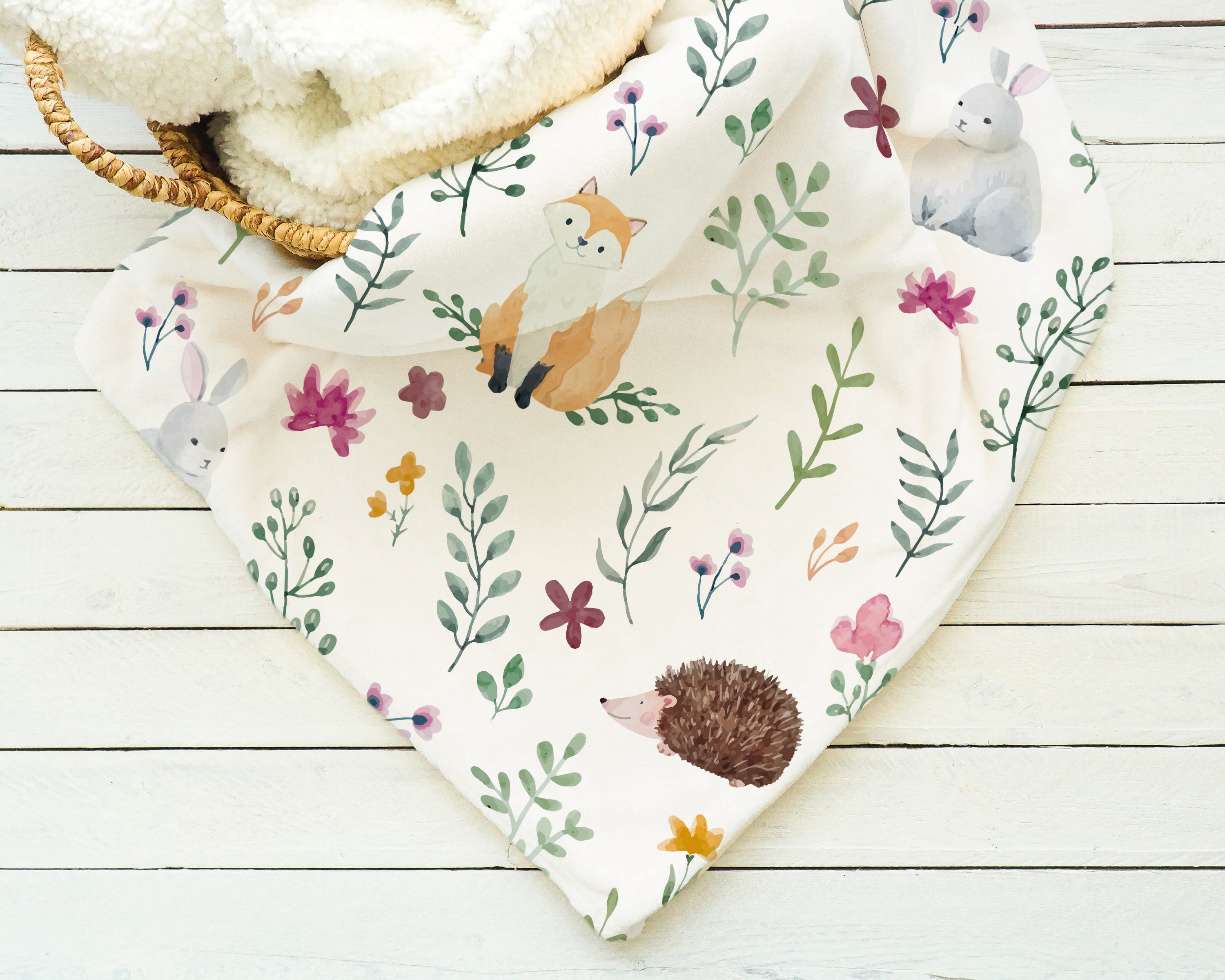 Woodland foxes, bunny rabbits, hedgehogs and flowers. fleece and jersey baby blanket.
