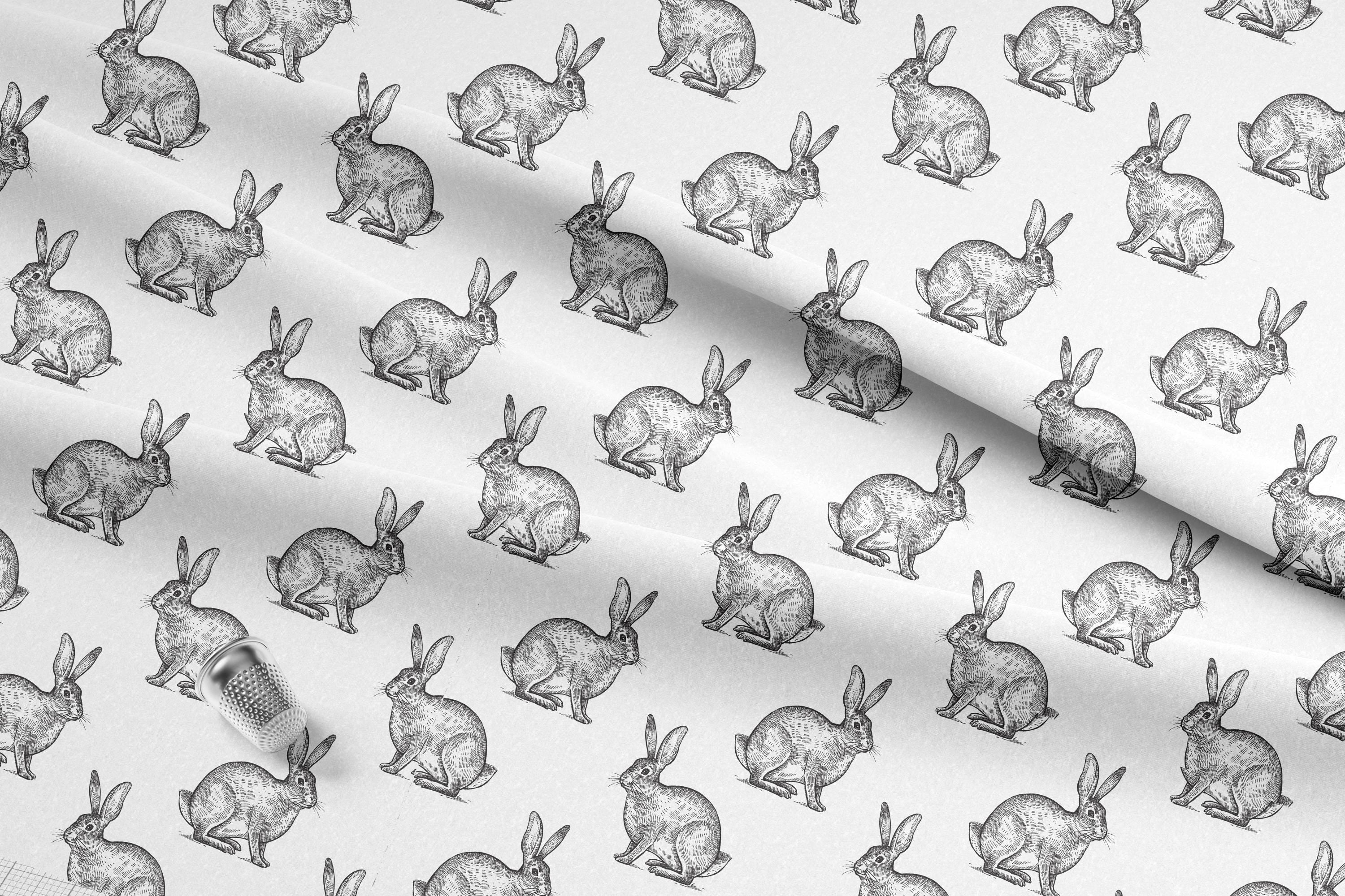 Monochrome Bunny Rabbit 100% Cotton Fabric