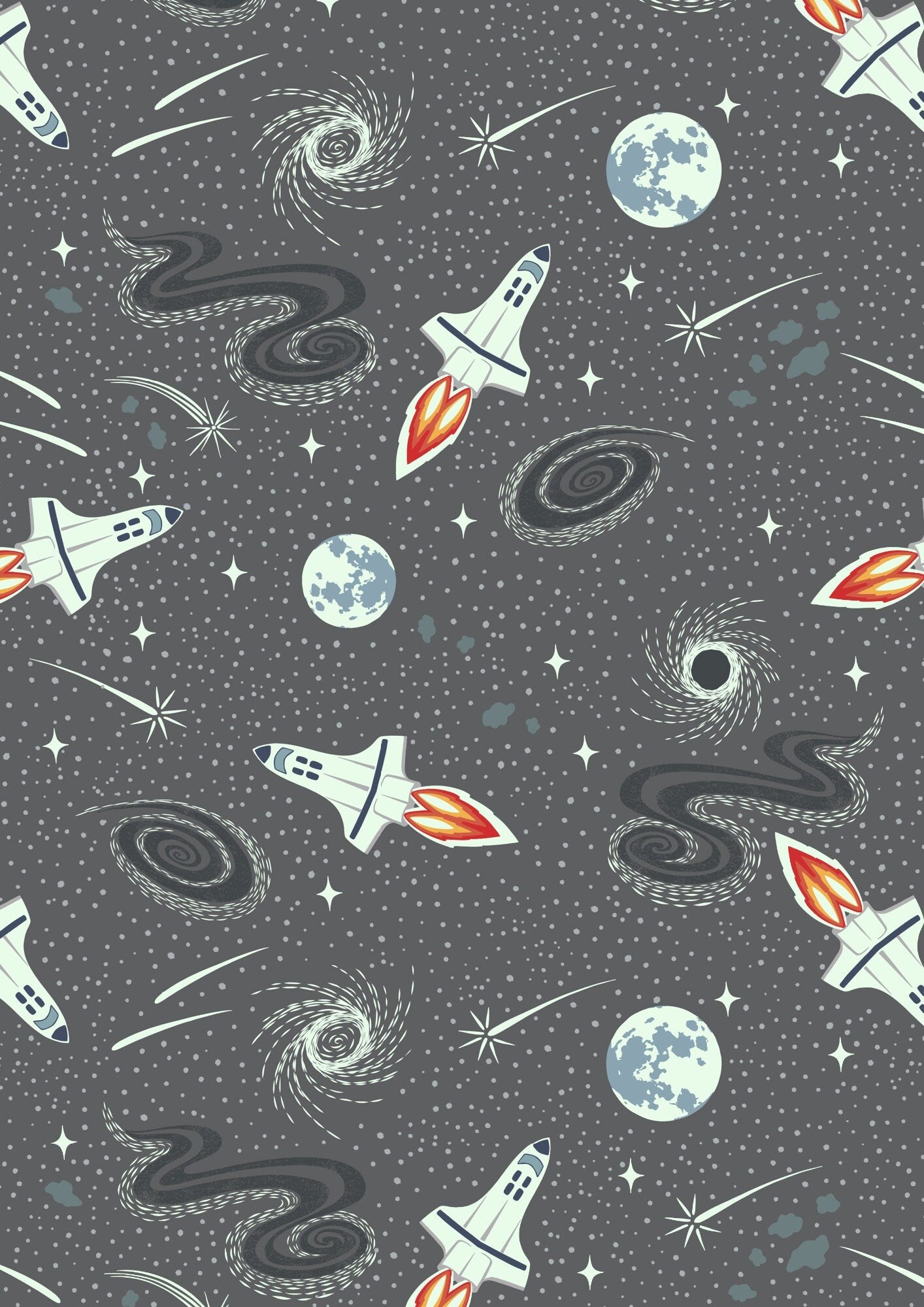 Lewis and Irene Light Years Glow in the Dark Rockets, Grey 100% Cotton Fabric
