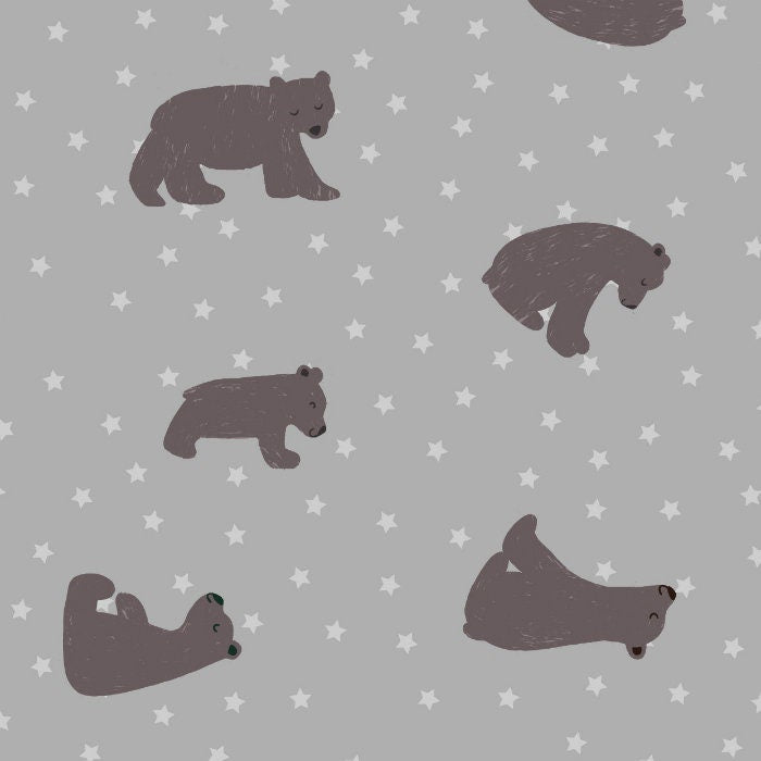 Lewis and Irene Bear Hug Starry Bear Cotton Fabric, Grey 100% Cotton Fabric