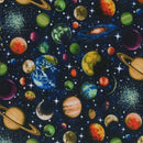 Nutex Solar System Scattered Planets Glitter Dark Blue 100% Cotton Fabric
