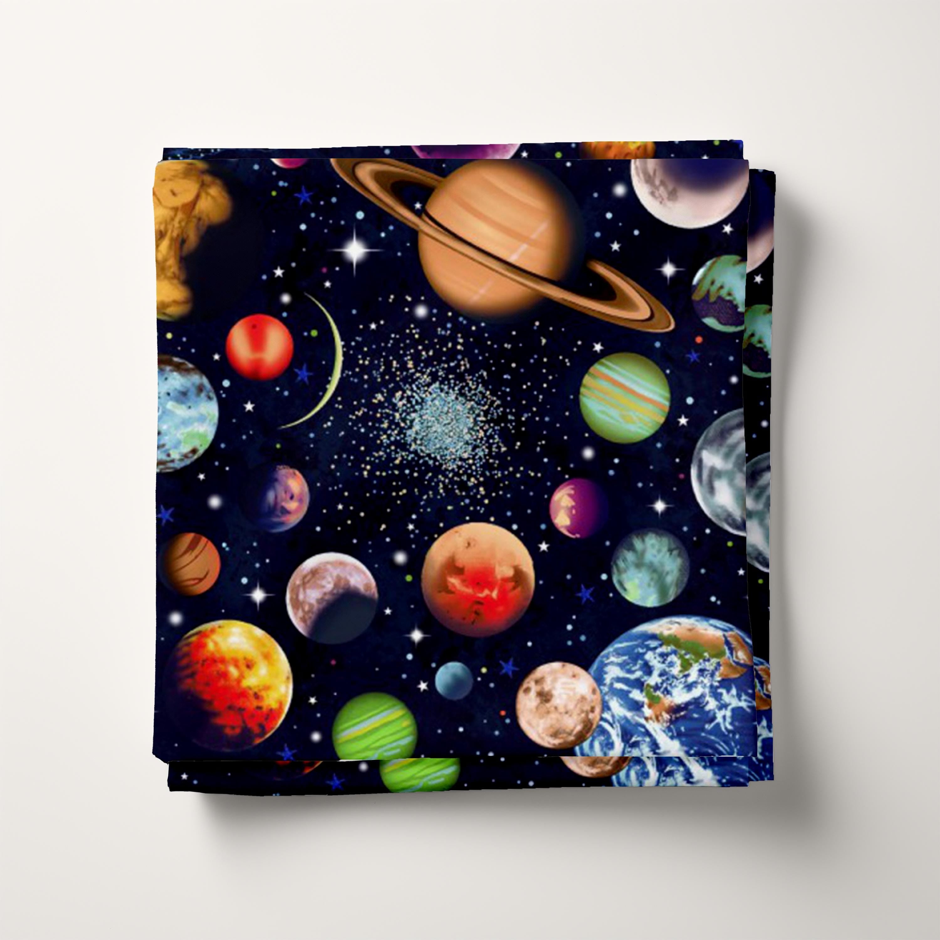 Nutex Solar System Scattered Planets Glitter Dark Blue 100% Cotton Fabric