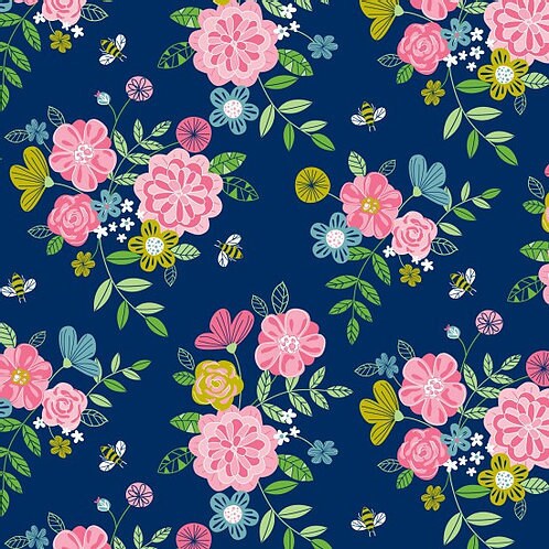 Nutex Wild Flower Honey Floral Blue 100% Cotton Fabric