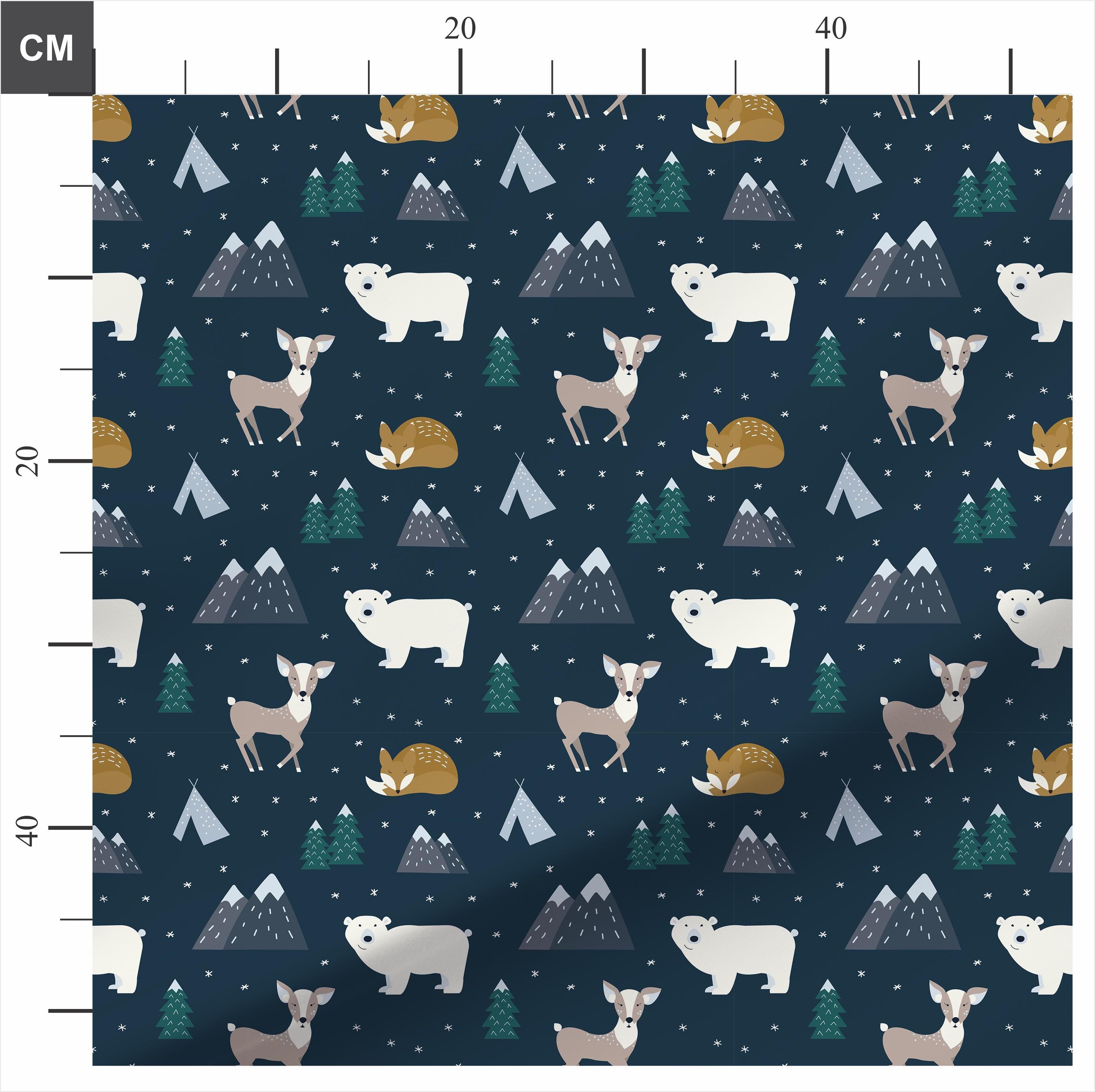 Arctic Animals, Mountains and Fir Trees 100% Cotton Fabric