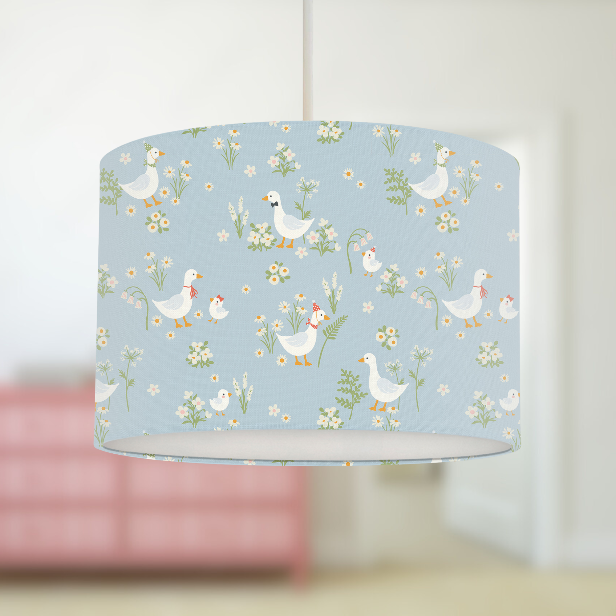 Duck Family Lampshade, Blue, Nursery Children's Bedroom, Drum Ceiling Lamp Light Shade