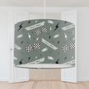 Racing Lampshade, Black, White and Green, Nursery Children's Bedroom, Drum Ceiling Lamp Light Shade