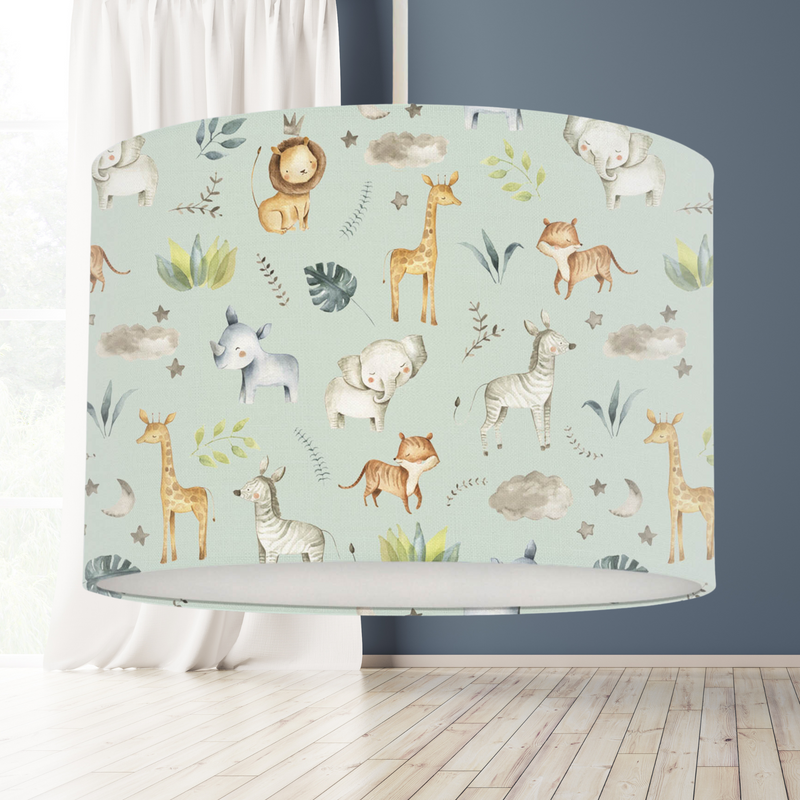 Pale green safari baby animals nursery and children's bedroom ceiling or lamp base lampshade, Big Little Bedrooms, FREE SHIPPING