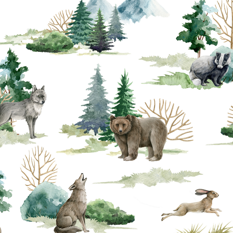 Wild forest animals children's bedroom or nursery lampshade, featuring brown bears, wolves, hares and fir and poplar trees. Big Little Bedrooms.