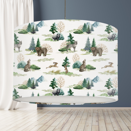 Wild forest animals children's bedroom or nursery lampshade, featuring brown bears, wolves, hares and fir and poplar trees. Big Little Bedrooms.
