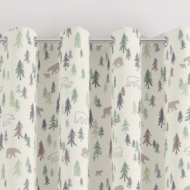 Wilderness bear and fir tree blackout lined childrens bedroom and nursery curtains