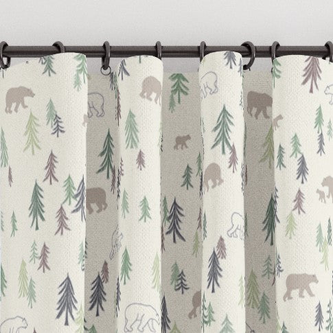 Wilderness bear and fir tree blackout lined childrens bedroom and nursery curtains