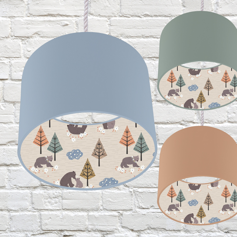 Lined Mummy and Baby Bear Children's Bedroom and Nursery Ceiling Lampshade, Blue, Green and Terracotta