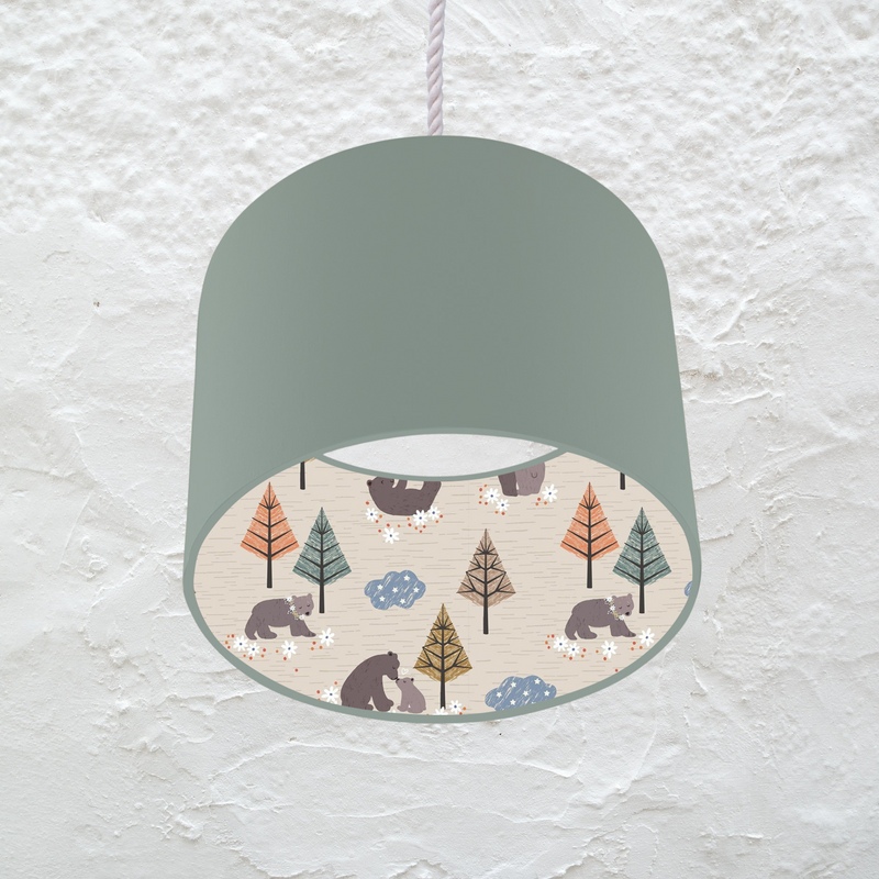 Lined Mummy and Baby Bear Children's Bedroom and Nursery Ceiling Lampshade, Blue, Green and Terracotta