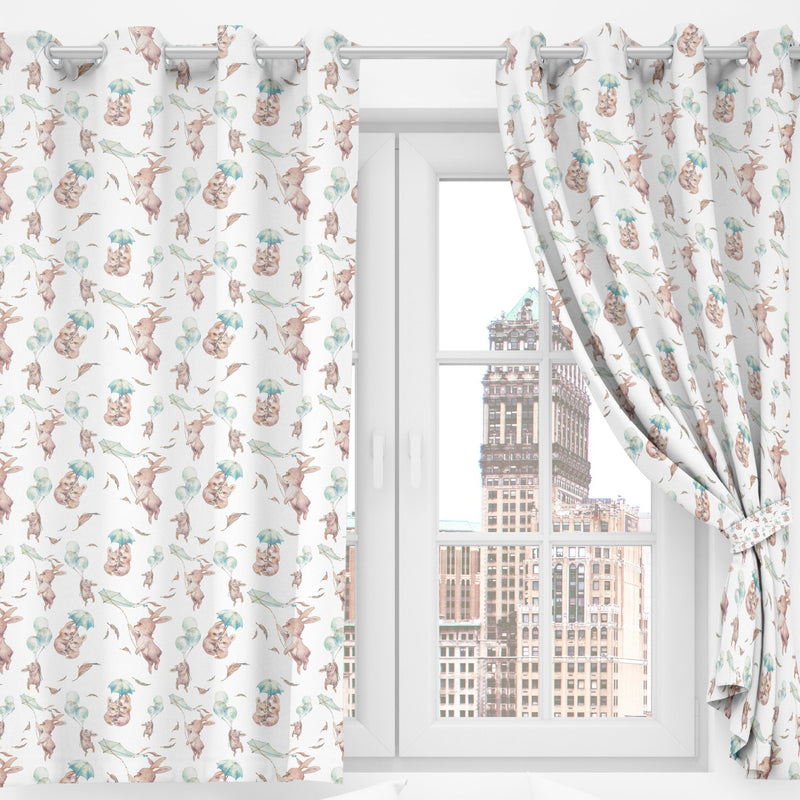 Bunny rabbit windy day blackout lined children's bedroom and nursery curtains, pencil pleat or eyelet, as featured on ITV's Maternal