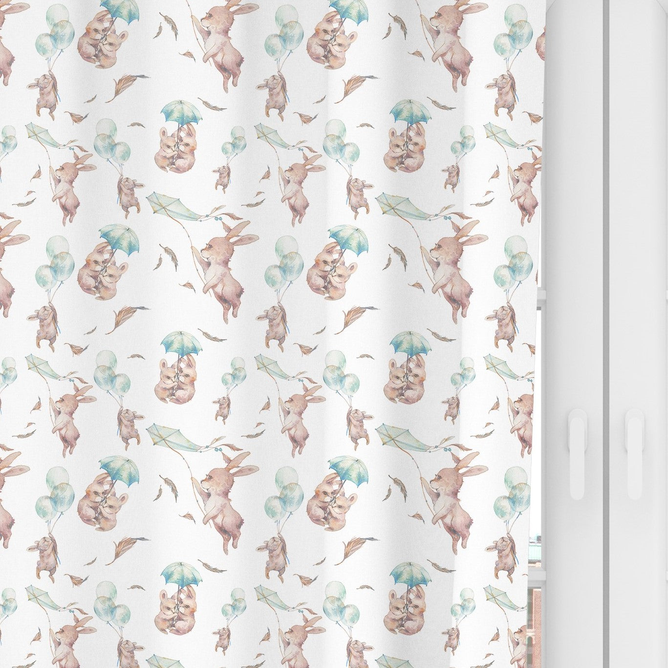 Bunny rabbit windy day blackout lined children's bedroom and nursery curtains, pencil pleat or eyelet, as featured on ITV's Maternal