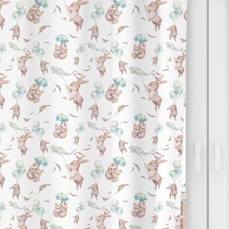 Bunny rabbit windy day blackout lined children's bedroom and nursery curtains, pencil pleat or eyelet, as featured on ITV's Maternal