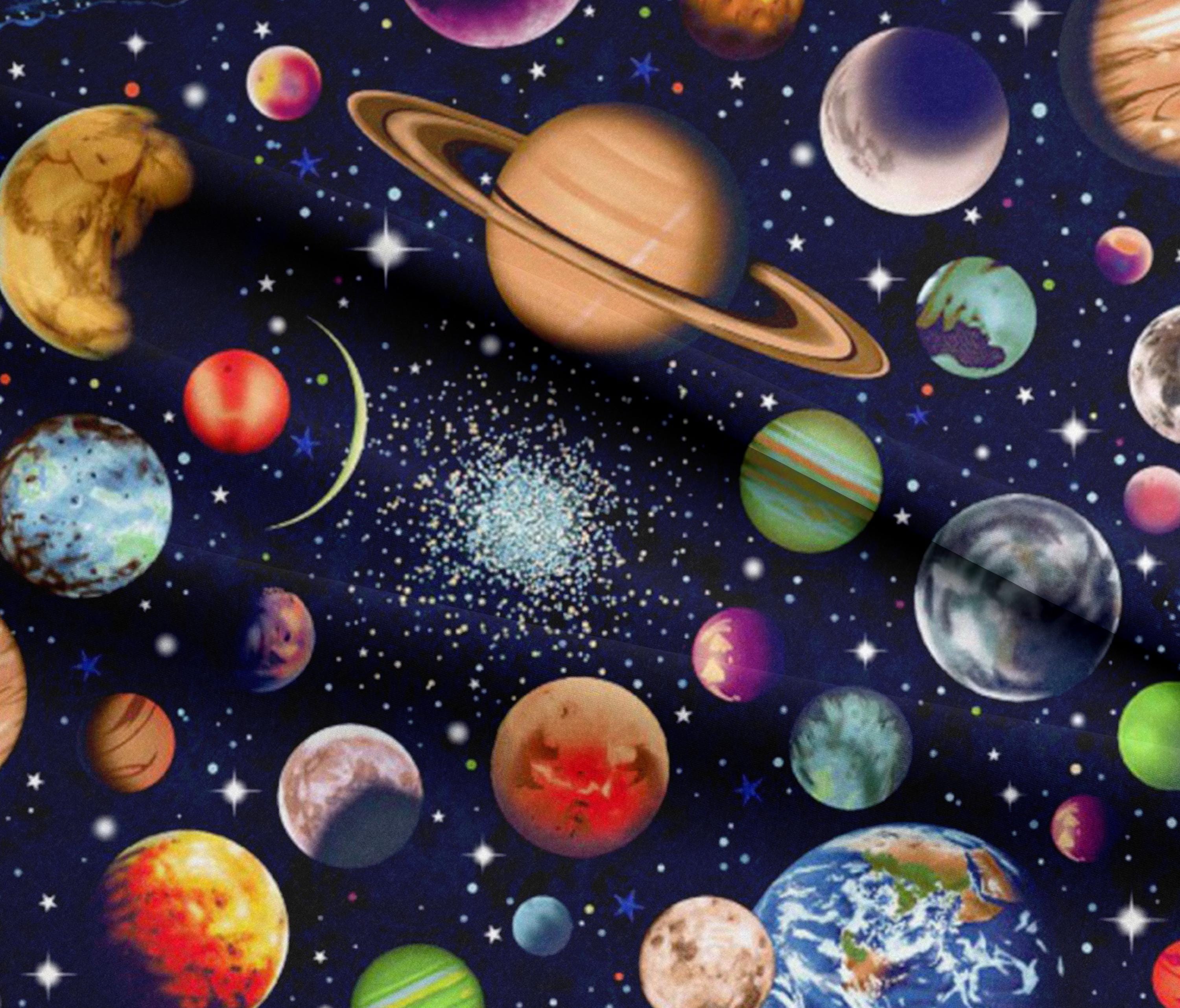 Nutex Solar System Scattered Planets Glitter Dark Blue 100% Cotton Fabric