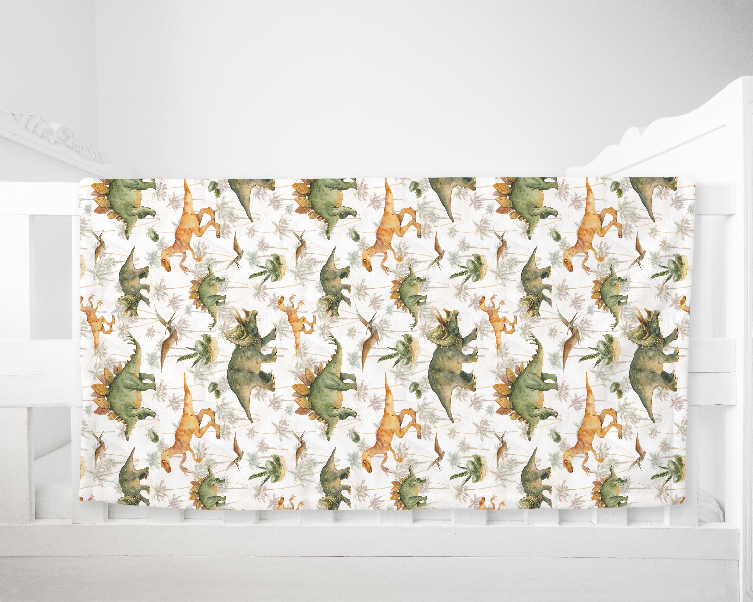 Earth dinosaurs children's bedroom and nursery fleece baby blanket, green and orange