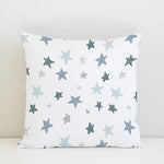 Grey and blue abstract stars on a white background, children's bedroom and nursery decor. Big Little Bedrooms. Free Shipping. 