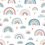 Children's bedroom and nursery throw cushion featuring rainbows, clouds and little hearts in soft blues and pinks.