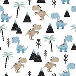 Dinosaurs in blues and browns among mountains on a white background, children's bedroom and nursery throw cushion.