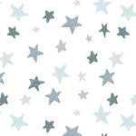 Grey and blue abstract stars on a white background, children's bedroom and nursery throw cushion.