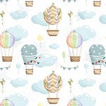 Hot air balloons in a cloudy sky, gender neutral children's bedroom and nursery throw cushion.