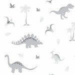 Dinosaurs in soft greys on a white background, children's bedroom and nursery throw cushion.