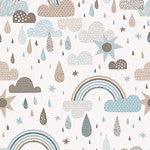 Children's bedroom and nursery throw cushion featuring rainbows, clouds and raindrops in brown and blue.
