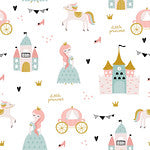 Pretty princesses, castles, carriages and horses in pale pinks, golds and mint greens, children's bedroom and nursery throw cushion.
