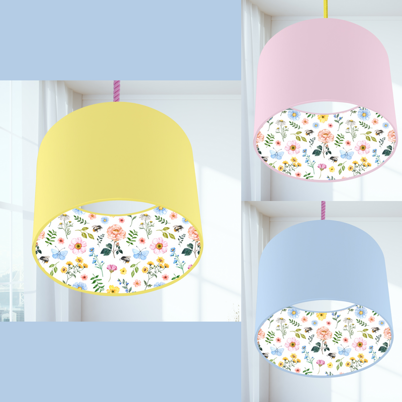 Children's bedroom and nursery lined colourful flowers lampshade, lamp shade, light shade, lightshade in yellow, pink or blue. 